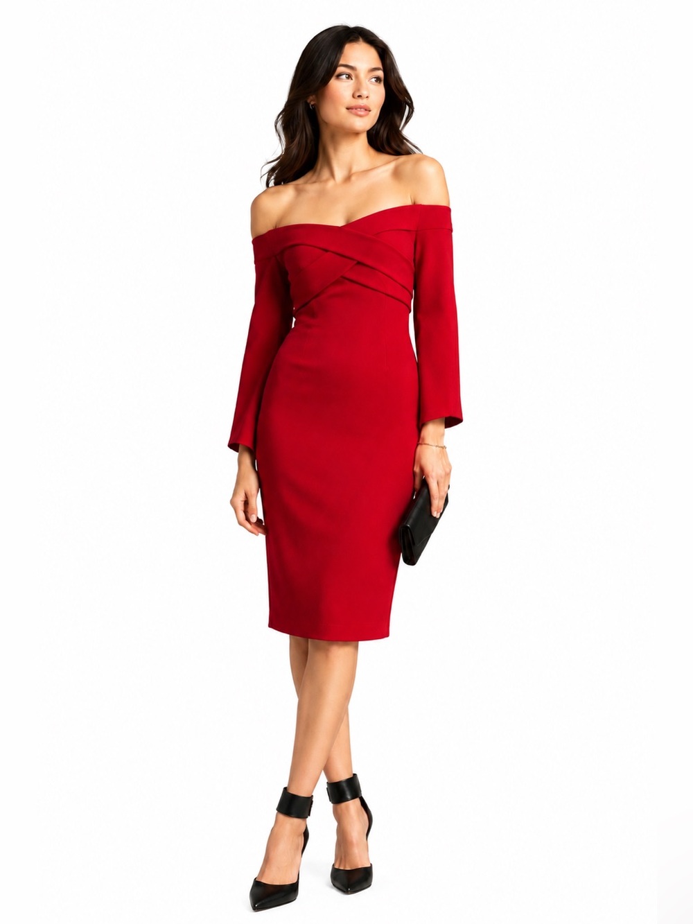 David Meister Off Shoulder Sheath Cocktail Dress Bell Sleeve Size 8 NWT